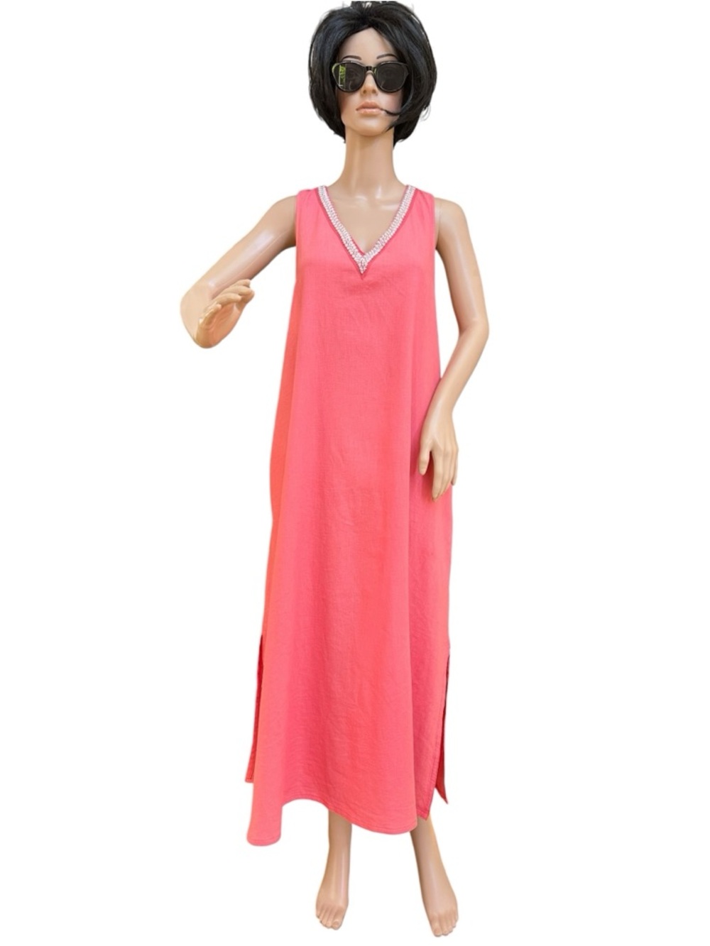 Calypso Sleeveless Beaded V-Neck Maxi Dress in Coral Pink, M